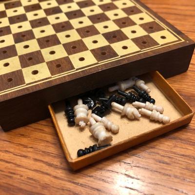 Vintage Mini Travel Chess (incomplete), Mini Balenciaga Perfume Empty Bottle & Hurdy Gurdy Wind Music Box -Lot 426