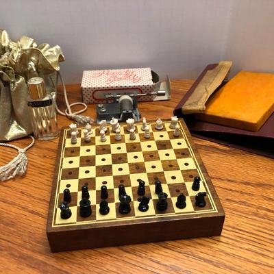 Vintage Mini Travel Chess (incomplete), Mini Balenciaga Perfume Empty Bottle & Hurdy Gurdy Wind Music Box -Lot 426