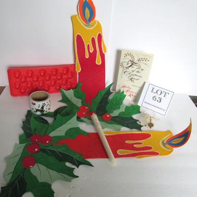 Misc Lot of Christmas Decor, Santa Head Ice Cube Tray, Book, and Roll of Christmas Stickers