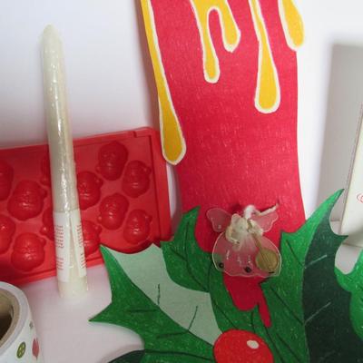 Misc Lot of Christmas Decor, Santa Head Ice Cube Tray, Book, and Roll of Christmas Stickers