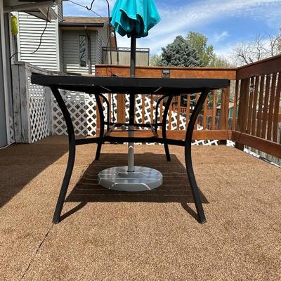 PATIO TABLE, 6 CHAIRS & UMBRELLA W/STAND