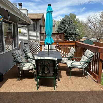 PATIO TABLE, 6 CHAIRS & UMBRELLA W/STAND