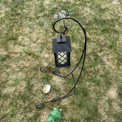 SHORTER SHEPHERDS HOOK WITH CANDLE LANTERN AND OTHER YARD ART