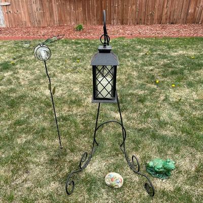 SHORTER SHEPHERDS HOOK WITH CANDLE LANTERN AND OTHER YARD ART