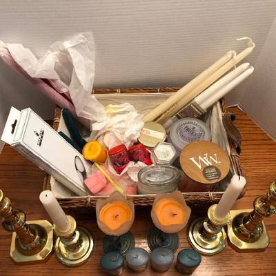 Candle Lot: Candles, Candle Holders & Basket -Lot 439