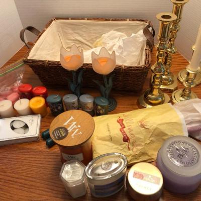 Candle Lot: Candles, Candle Holders & Basket -Lot 439