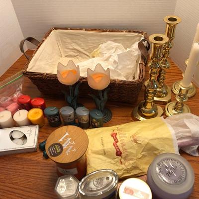 Candle Lot: Candles, Candle Holders & Basket -Lot 439