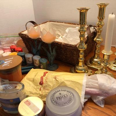 Candle Lot: Candles, Candle Holders & Basket -Lot 439