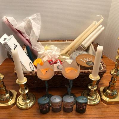 Candle Lot: Candles, Candle Holders & Basket -Lot 439