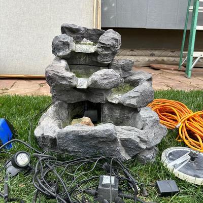 FAUX ROCK WATER FOUNTAAIN, EXTENSSION CORD & OUTDOOR LIGHTING