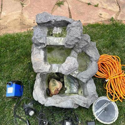 FAUX ROCK WATER FOUNTAAIN, EXTENSSION CORD & OUTDOOR LIGHTING