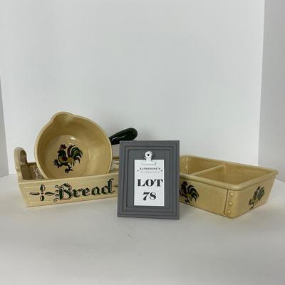 -78- DISHES | Rooster Metlox Poppytrail California Pottery | Bread, Divided Dish, & Handled Dish