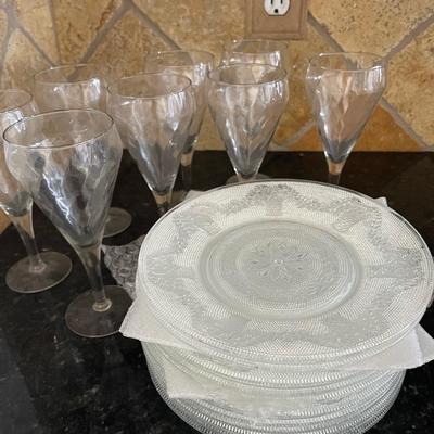 Vintage Crystal Goblets and Pressed glass Plates