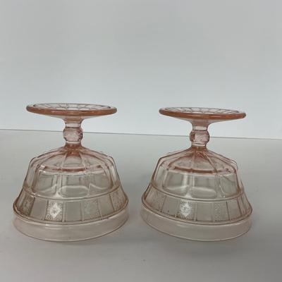 -84- GLASSWARE | Doric Jeanette Glass Co. | Pink Depression Footed Cake Plate, Small Plates, & Sherbet