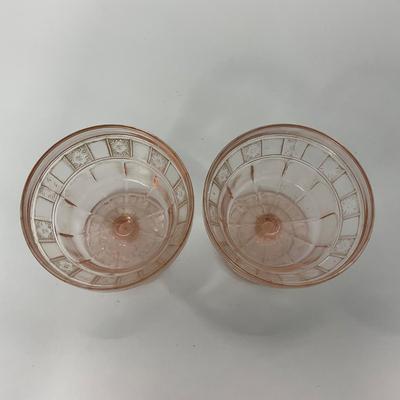 -84- GLASSWARE | Doric Jeanette Glass Co. | Pink Depression Footed Cake Plate, Small Plates, & Sherbet