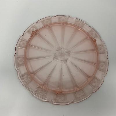 -84- GLASSWARE | Doric Jeanette Glass Co. | Pink Depression Footed Cake Plate, Small Plates, & Sherbet