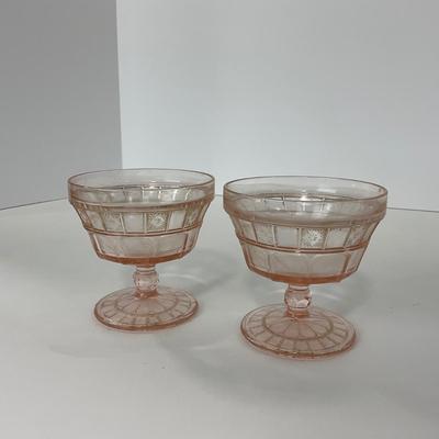 -84- GLASSWARE | Doric Jeanette Glass Co. | Pink Depression Footed Cake Plate, Small Plates, & Sherbet