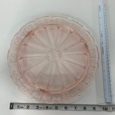 -84- GLASSWARE | Doric Jeanette Glass Co. | Pink Depression Footed Cake Plate, Small Plates, & Sherbet