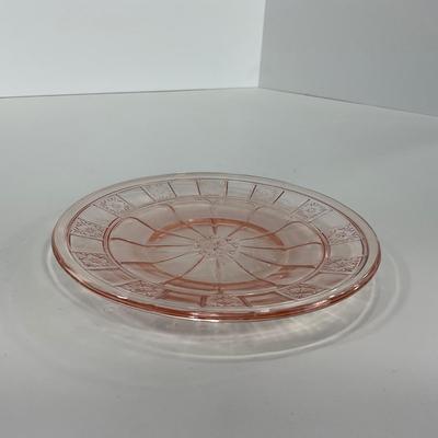 -84- GLASSWARE | Doric Jeanette Glass Co. | Pink Depression Footed Cake Plate, Small Plates, & Sherbet