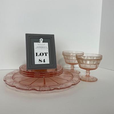 -84- GLASSWARE | Doric Jeanette Glass Co. | Pink Depression Footed Cake Plate, Small Plates, & Sherbet
