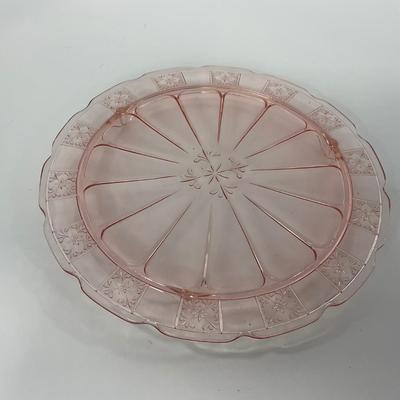 -84- GLASSWARE | Doric Jeanette Glass Co. | Pink Depression Footed Cake Plate, Small Plates, & Sherbet