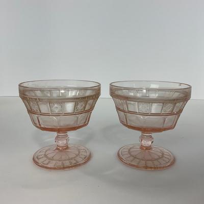 -84- GLASSWARE | Doric Jeanette Glass Co. | Pink Depression Footed Cake Plate, Small Plates, & Sherbet