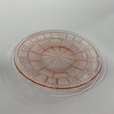 -84- GLASSWARE | Doric Jeanette Glass Co. | Pink Depression Footed Cake Plate, Small Plates, & Sherbet