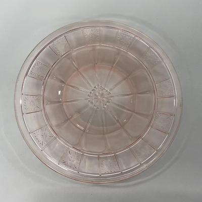 -84- GLASSWARE | Doric Jeanette Glass Co. | Pink Depression Footed Cake Plate, Small Plates, & Sherbet