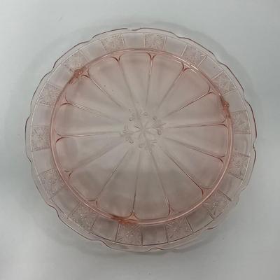-84- GLASSWARE | Doric Jeanette Glass Co. | Pink Depression Footed Cake Plate, Small Plates, & Sherbet