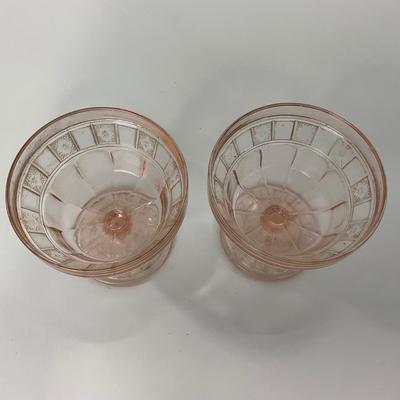 -84- GLASSWARE | Doric Jeanette Glass Co. | Pink Depression Footed Cake Plate, Small Plates, & Sherbet