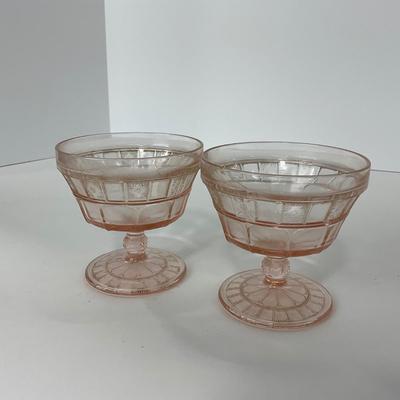 -84- GLASSWARE | Doric Jeanette Glass Co. | Pink Depression Footed Cake Plate, Small Plates, & Sherbet