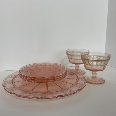 -84- GLASSWARE | Doric Jeanette Glass Co. | Pink Depression Footed Cake Plate, Small Plates, & Sherbet