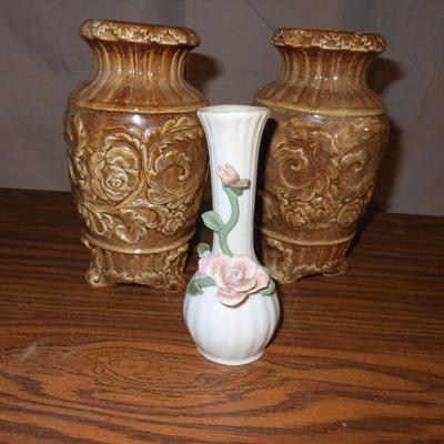 2 CLAY MATCHING VASES AND A RAISED ROSE CERAMIC VASE