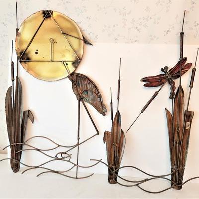 Lot #54  Rare Mid Century Ron Bertocchi Fire Painted Copper Egret/Dragonfly wall set