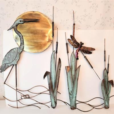 Lot #54  Rare Mid Century Ron Bertocchi Fire Painted Copper Egret/Dragonfly wall set
