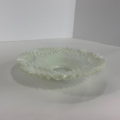 -91- GLASSWARE | Opalescent Milk Glass Ornate Shallow Bowl