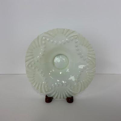-91- GLASSWARE | Opalescent Milk Glass Ornate Shallow Bowl