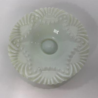 -91- GLASSWARE | Opalescent Milk Glass Ornate Shallow Bowl