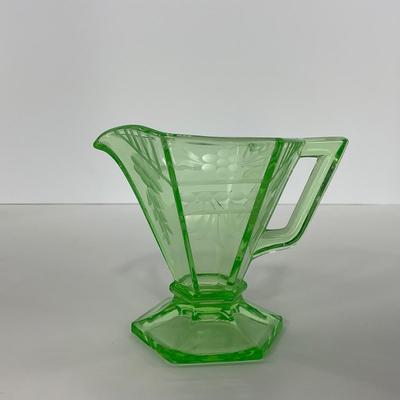 -92- URANIUM | Etched Green Depression Glass Creamer