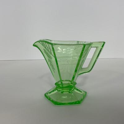 -92- URANIUM | Etched Green Depression Glass Creamer