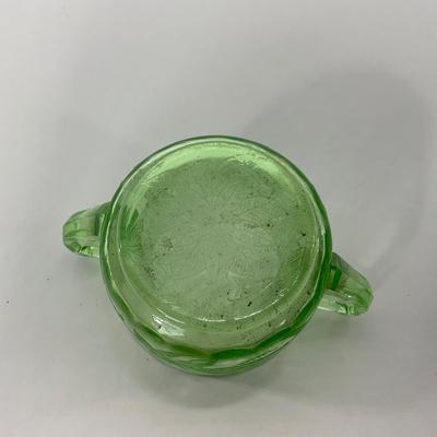 -95- URANIUM | Floral Poinsettia Jeanette Glass Co. | Green Depression Covered Sugar