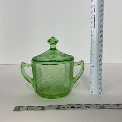 -95- URANIUM | Floral Poinsettia Jeanette Glass Co. | Green Depression Covered Sugar