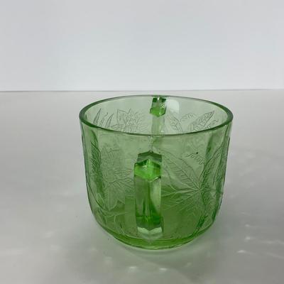 -95- URANIUM | Floral Poinsettia Jeanette Glass Co. | Green Depression Covered Sugar