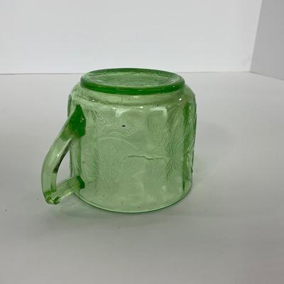 -95- URANIUM | Floral Poinsettia Jeanette Glass Co. | Green Depression Covered Sugar