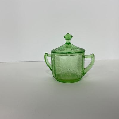 -95- URANIUM | Floral Poinsettia Jeanette Glass Co. | Green Depression Covered Sugar