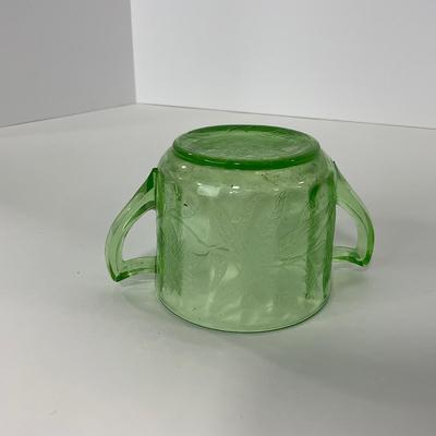 -95- URANIUM | Floral Poinsettia Jeanette Glass Co. | Green Depression Covered Sugar
