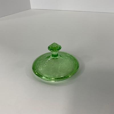 -95- URANIUM | Floral Poinsettia Jeanette Glass Co. | Green Depression Covered Sugar