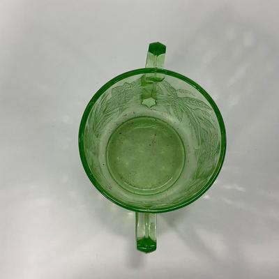 -95- URANIUM | Floral Poinsettia Jeanette Glass Co. | Green Depression Covered Sugar
