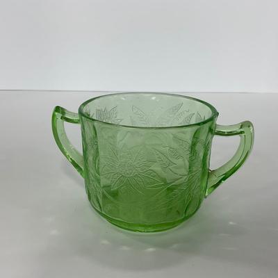 -95- URANIUM | Floral Poinsettia Jeanette Glass Co. | Green Depression Covered Sugar