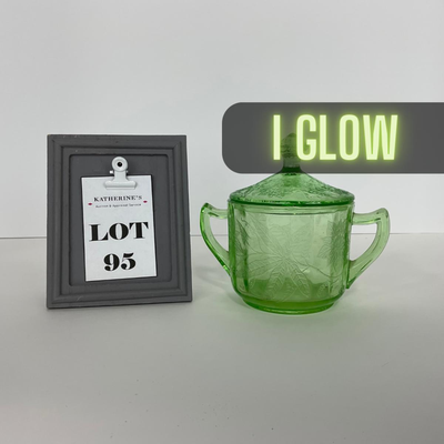 -95- URANIUM | Floral Poinsettia Jeanette Glass Co. | Green Depression Covered Sugar